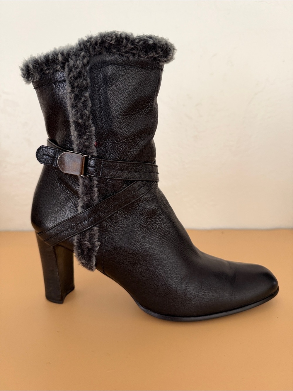Stuart Weitzman Black Heeled Ankle Boots with Faux Fur Trim and linings